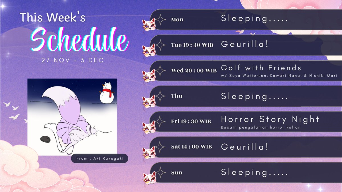 🦊 Yuuka's 27 Nov - 3 Dec Schedule!      

Bakal ada baca pengalaman cerita horror kalian lohh
Jangan lupa share cerita kalian di link berikut ^^ ↓
forms.gle/Kc6qBmftMDo6Z3…

Tags!   
Live : #YuukLive
Clip : #LyatClip
Art : #GallyCora
NSFW : #YuukLyar