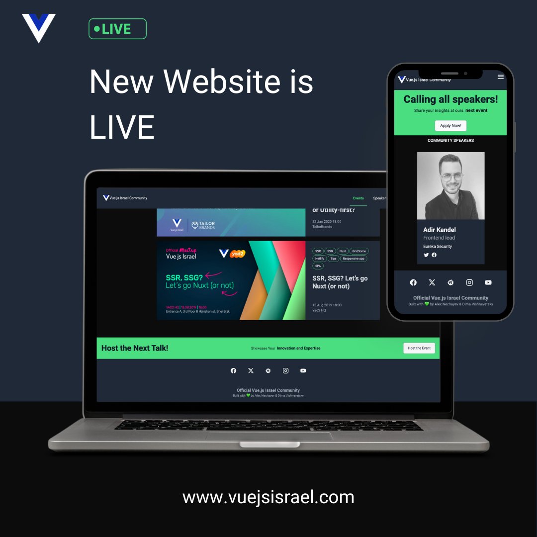 VueJSIsrael's tweet image. 🎉 Vue.js Israel community has a new website!
🛠️ Built with @VueJS and @nuxt_js
✨ Designed with @tailwindcss and Mamba UI
🚀 Deployed as a static site on @Netlify
vuejsisrael.com
Big thanks to @Alex_Nechayev for his dedication and @dimshik100 for his leadership!