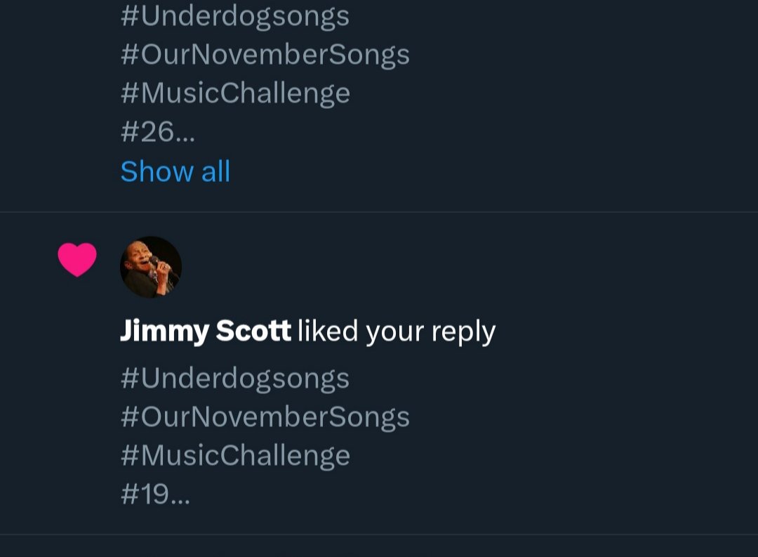 Superdrogidge's tweet photo. #Underdogsongs
#OurNovemberSongs
#MusicChallenge
#JimmyScott 🖤
Day made .. 🎶✌️☺️ https://t.co/PBmd4YDLVo