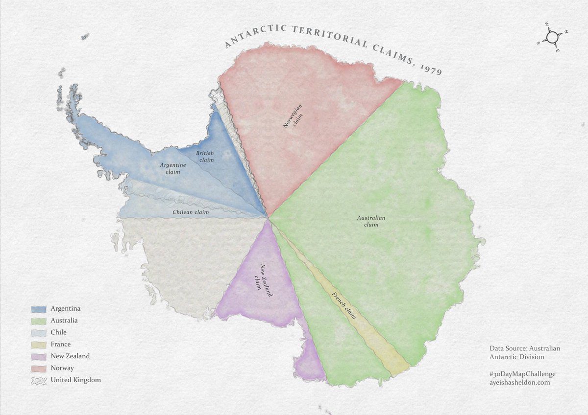 #30DayMapChallenge Day 25 - Antarctica. 

The Antarctic Territorial Claims, from 1979 using a watercolour effect. The region represented in blue shows the area where 3 countries have made claims. 

#geospatialdata #cARTography