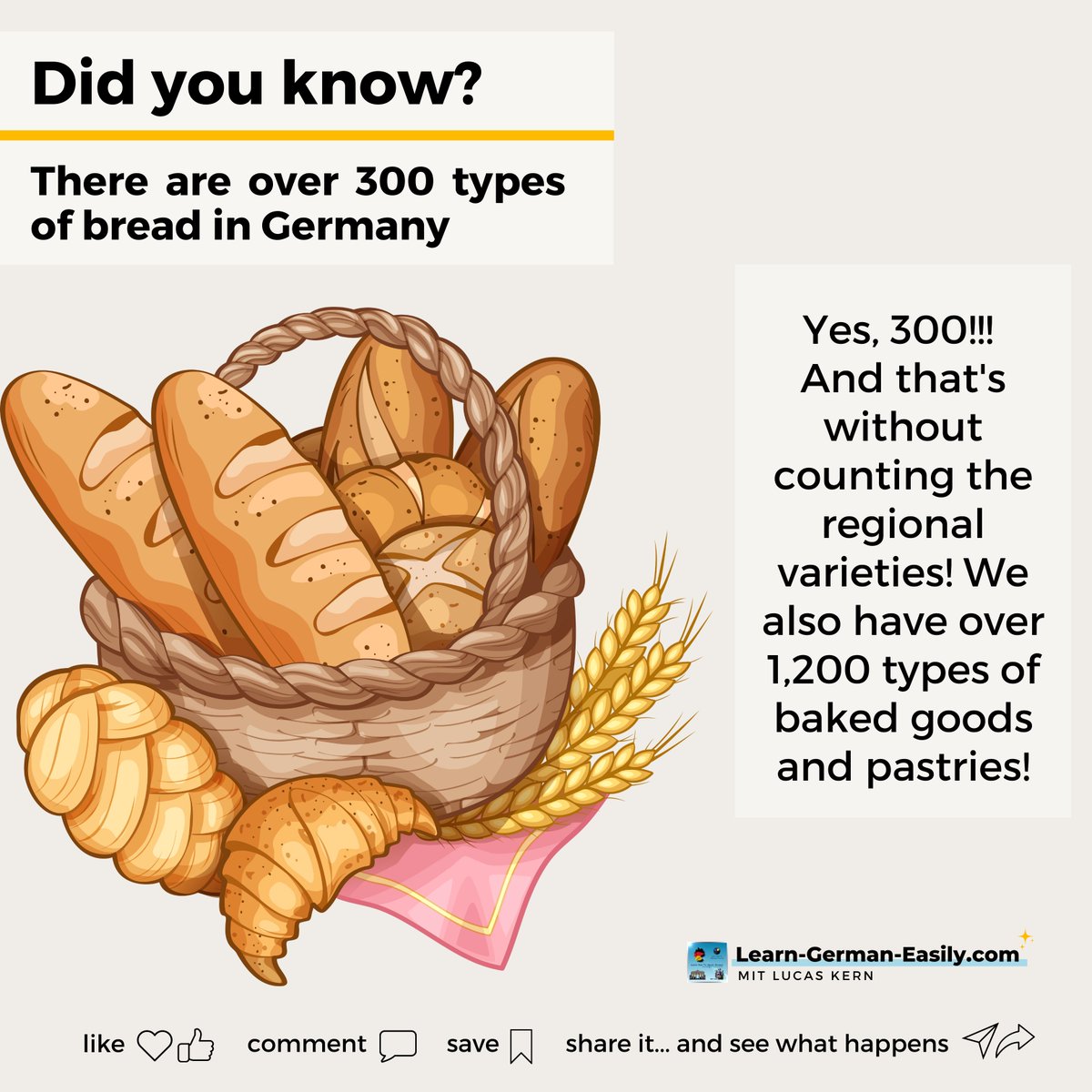 LearnXDGerman's tweet image. 🇩🇪

🍞🥖🥐 It&apos;s one of those interesting things you cannot just read about: you have to experience it for yourself!

Now tell me a few fun facts about your country!

More fun facts about Germany:
learn-german-easily.com/fun-facts-abou…

___
#dailydeutsch #germanisfun #onlinegerman