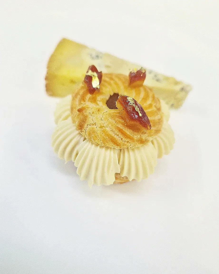 Paris brest / sussex blue / date / pretzel 

This is our cheese course on at llyods of london by our incredible pastry chef. Paris brest, pretzel cremeux with date insert. Served alongside alsop &amp; and walker sussex blue, combination is stunning.
•
#passionate #chefs #brigade