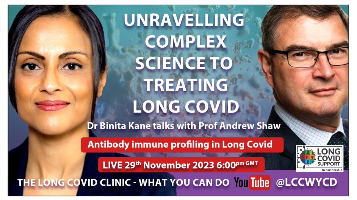 Long Covid Support ๐ (@long_covid) on Twitter photo ๐ดWeds 29th Nov. 6pm GMT๐ด
โAntibody immune profiling in #LongCovid - a clue to viral persistence?โ
๐ฃ<a href="/BinitaKane/">Binita Kane</a> with Long Covid Support invite you to our inaugural Fireside chat. This session - Prof Andrew Shaw, CEO/founder of Attomarker.
โก๏ธ YouTube: youtube.com/@LCCWYCD ๐ดWeds 29th Nov. 6pm GMT๐ด
โAntibody immune profiling in #LongCovid - a clue to viral persistence?โ
๐ฃ<a href="/BinitaKane/">Binita Kane</a> with Long Covid Support invite you to our inaugural Fireside chat. This session - Prof Andrew Shaw, CEO/founder of Attomarker.
โก๏ธ YouTube: youtube.com/@LCCWYCD