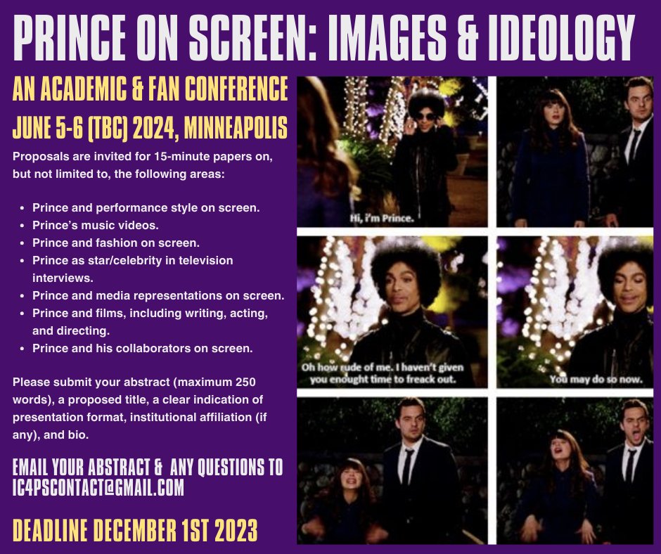 ProfKFairclough's tweet photo. We've extended our #CFP until December 1st for the upcoming #Prince on Screen conference. https://t.co/NEoyW7cY6k