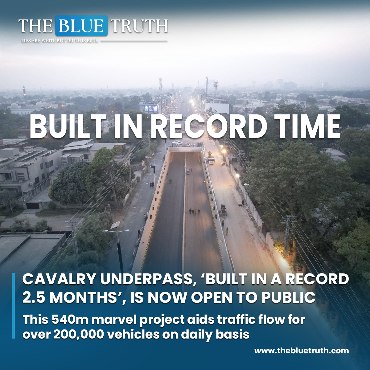Cavalry Underpass, ‘built in a record 2.5 months’, is now open to public.
This 540m marvel project aids traffic flow for over 200,000 vehicles on daily basis

 #CavalryUnderpass #LahoreDevelopment #TrafficFlow #RecordConstruction #InfrastructureProject #PublicInauguration #TBT