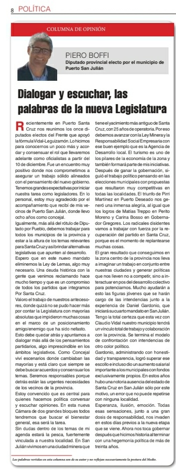 Comparto columna de opinión sobre lo que se viene en la legislatura provincial en la provincia de #SantaCruz a partir de la asunción de @ClaudioVidalSer y @fabianolegui. Gracias por la columna @TiempoSur_