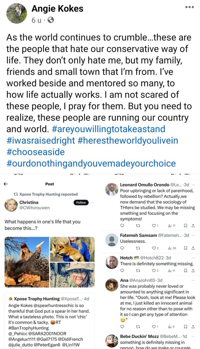 CWitvrouwen's tweet photo. No Angie,  I don't hate you, I feel for you and  I pity you for your lack of empathy, for being stuck in an era that is long gone.

Did you know that spear hunting is illegal in SA. One wonders how she got the permits to kill her ostrich, porcupine, zebra? https://t.co/8k8r3OT3Ai