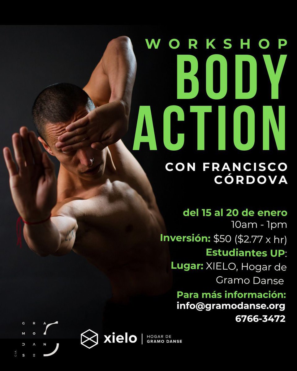 FrancisCordovAZ's tweet photo. #PANAMA <(PA)> #BodyAction | #Workshop Intensivo 
Cía. Gramo Danse |  Fundación Gramo Danse Danse
Imparte: #FranciscoCórdova
Del 15 al 20 de Enero 2024 
👉 Info+Registro: info@gramodanse.org https://t.co/u1OyXPm8tO