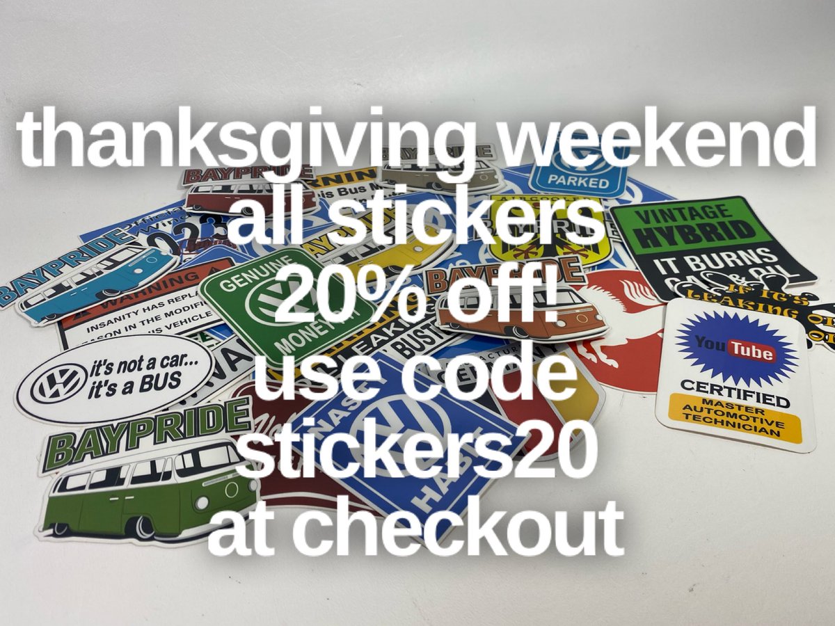 VWBayPride's tweet photo. Sale runs thru tomorrow! 
Stickers 20% off 
Use code Stickers20 at checkout 
➡️ https://t.co/XGi3ON5rFm ⬅️
#vw #vwbus #vintagevw #aircooled #baypride #stickers #sale #BlackFriday #SmallBusinessSaturday #CyberMonday https://t.co/CUyRAuPH7L