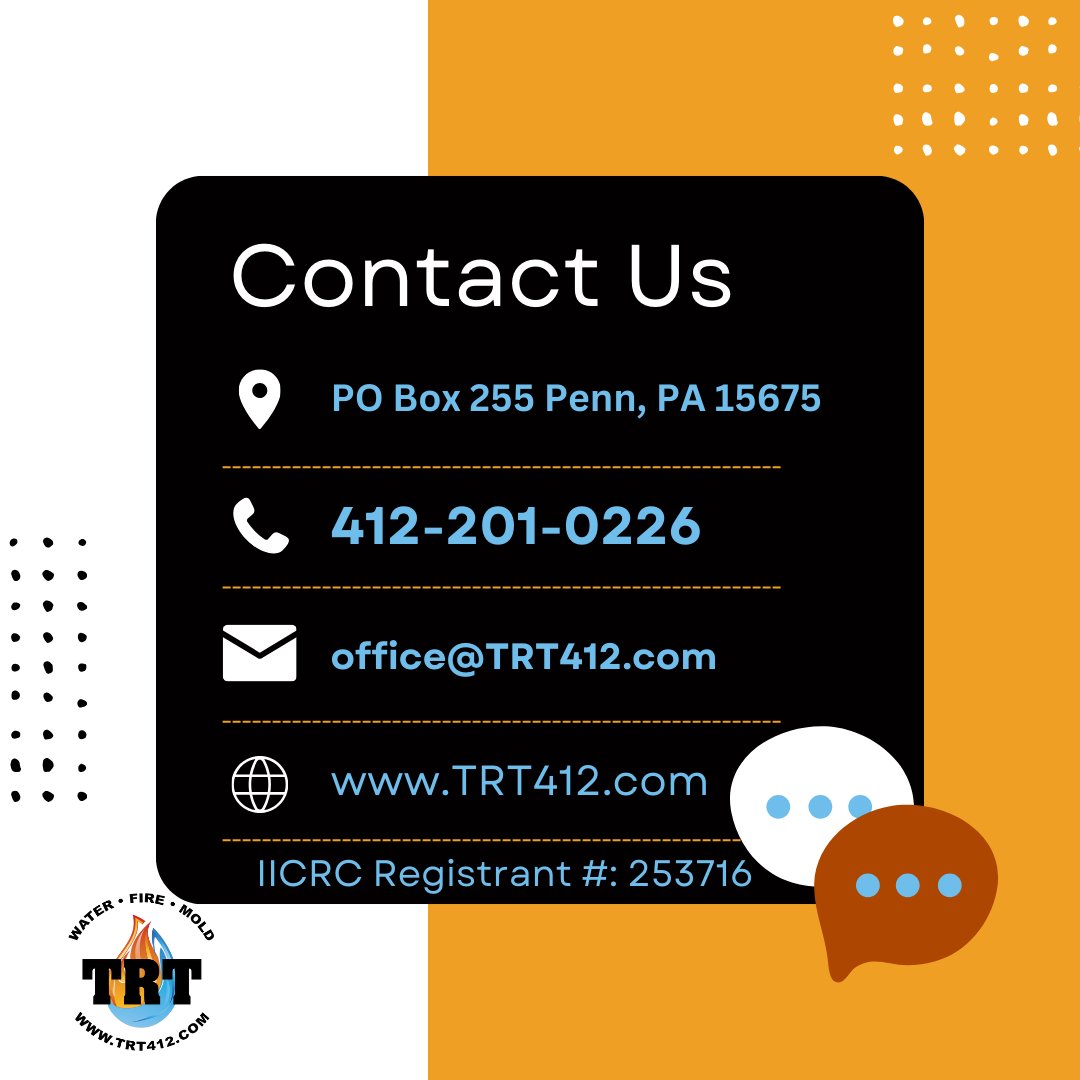 #contactus by phone, email, snail mail, or on our website TRT412.com for all your #waterdamage, #firedamage, and #moldremediation needs.
#PennTownship #WestmorelandCountyPa #northhuntingdon #pittsburgh #monroevillepa #JeannettePA #alleghenycounty #murrysvillepa