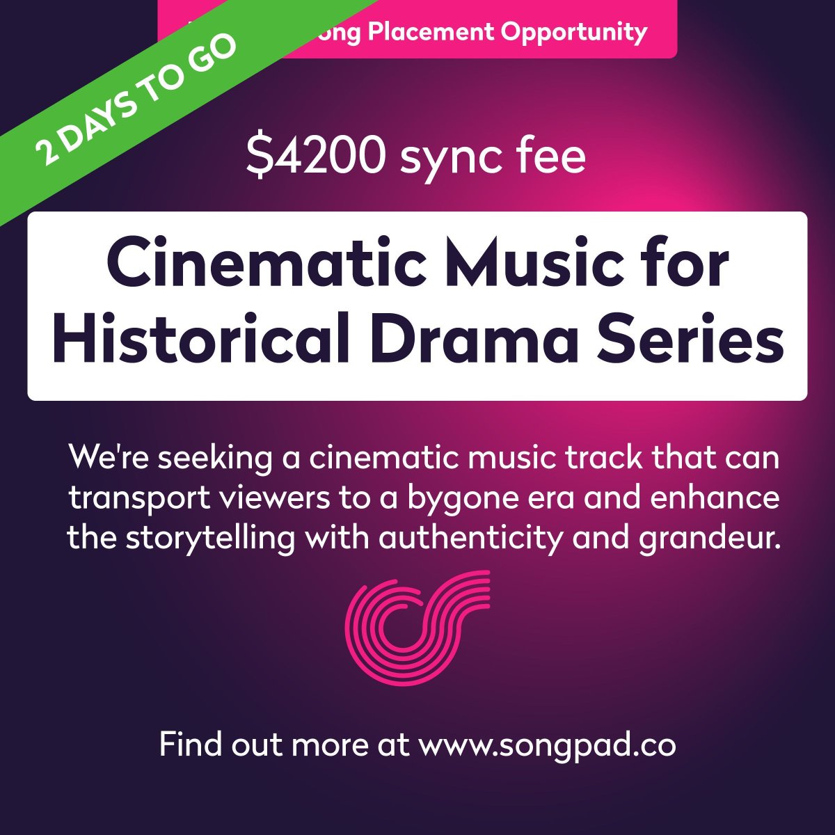 We're seeking a cinematic music track for our historical drama series that can transport viewers to a bygone era and enhance the storytelling with authenticity and grandeur. Find out more at songpad.co #sync #sycnopps