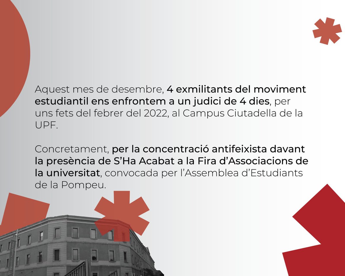 publicaantifa's tweet photo. 🔴⛓ || Els propers 18, 19, 20 i 21 de desembre, 4 companys s’enfronten a judici per defensar l’antifeixisme a la universitat. 

S’Ha Acabat i Fiscalia els hi demanen 3 anys de presó i 7.000€ de multa. 

Us expliquem el cas 👇🏼 https://t.co/ESQbCk2QQe