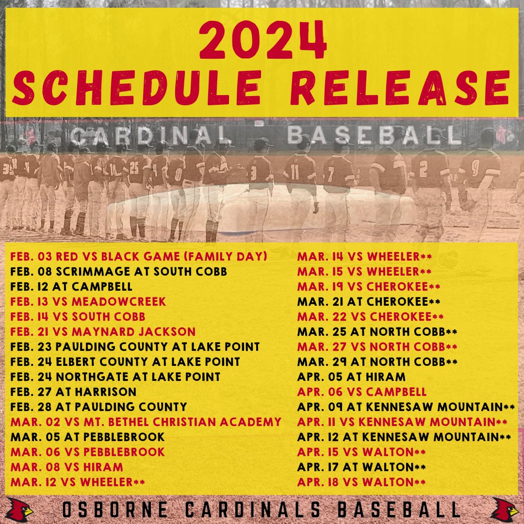 Osborne Baseball (@osbornebaseball) on Twitter photo 🚨🚨Osborne Cardinals 2024 Schedule 🚨🚨 mark your calendars now and come check out your Cardinals this season!! #FAMILY #theCARDINALway <a href="/osbcardinals/">Osborne Athletics</a> <a href="/OsbornePrincip1/">Osborne_Principal</a> <a href="/rlosbornehs/">Osborne High School</a> 🚨🚨Osborne Cardinals 2024 Schedule 🚨🚨 mark your calendars now and come check out your Cardinals this season!! #FAMILY #theCARDINALway <a href="/osbcardinals/">Osborne Athletics</a> <a href="/OsbornePrincip1/">Osborne_Principal</a> <a href="/rlosbornehs/">Osborne High School</a>