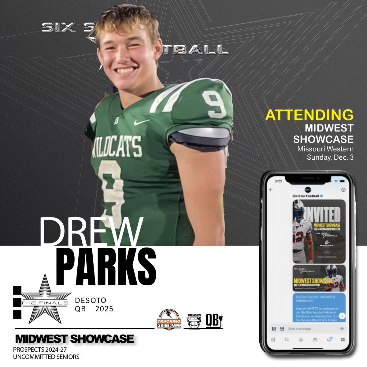 MIDWEST SHOWCASE  |  Drew Parks

6’2, 185 |  QB   |  2025   |  DeSoto (KS)  |  <a href="/drewparks2025/">Drew Parks</a>

⭐ Excited to announce Drew Parks will be attending the Midwest Showcase!

📆Dec. 3
📍Missouri Western (Indoor)

REGISTER sixstarfootball.com/six-star-footb…