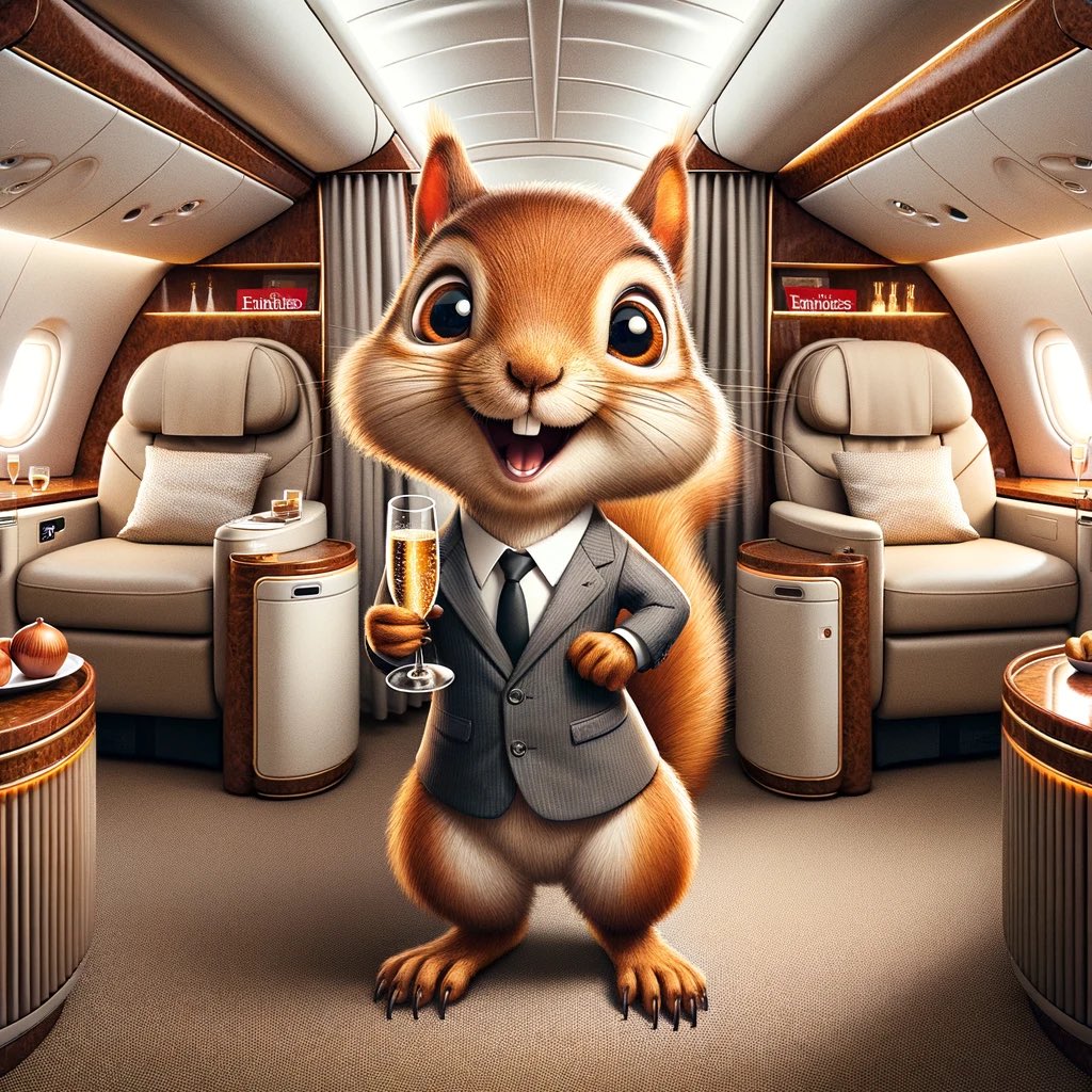 SquirrelTalkJon's tweet photo. 🐿️ As a squirrel who’s seen my share of tree tops, I must say nothing compares to the view from @emirates First Class! The luxury is nuts 🌰! Opulent seats, gourmet meals, and service that makes you feel like the king of the forest. #EmiratesExperience #FirstClassLuxury 🛩️✨ https://t.co/fDGYHI9VKh