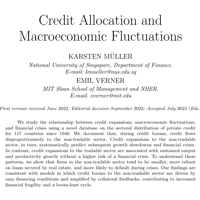 ``The sectoral allocation of credit matters for whether credit booms result in growth slowdowns and financial crises.'' From @KarstenMueIIer and @EmilVerner: restud.com/credit-allocat…