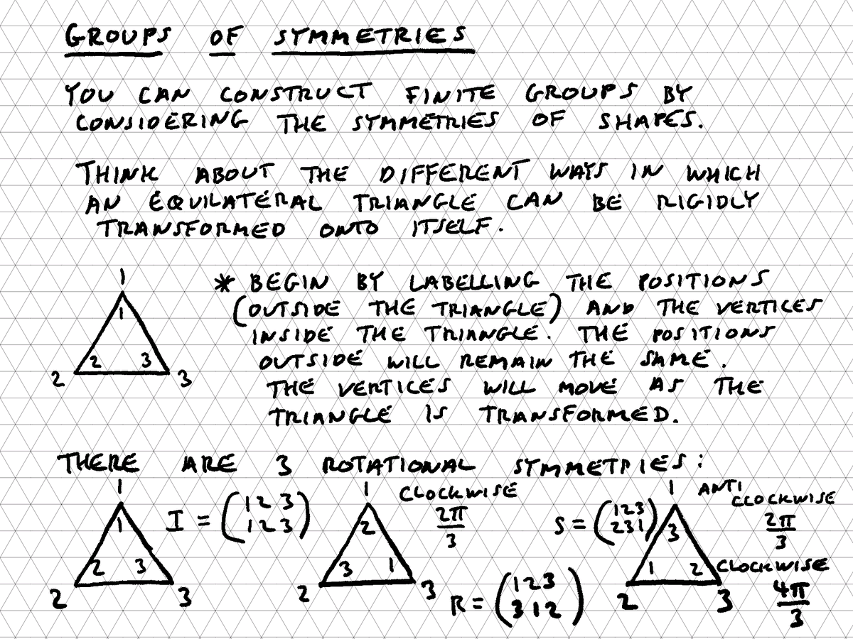tiago_hands's tweet image. #GroupsofSymmetries, Introduction related to #equilateraltriangle rotations and reflections. Notes based of #FurtherPureMathematics 2, Pearson. Next up, showing that G={I, R, S, L, M, N} is a group. Same thread.