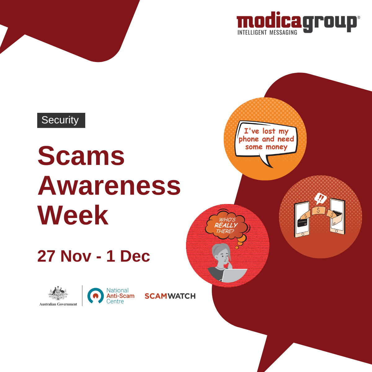 modicagroup's tweet photo. Scams Awareness Week runs 27/11 - 1/12. This awareness campaign by the National Anti-Scam Centre in Australia provides great tips on how to avoid different types of impersonation scams. Learn more at https://t.co/amjZZpFeaA #ScamsWeek2023 https://t.co/2pMHsTZvwO