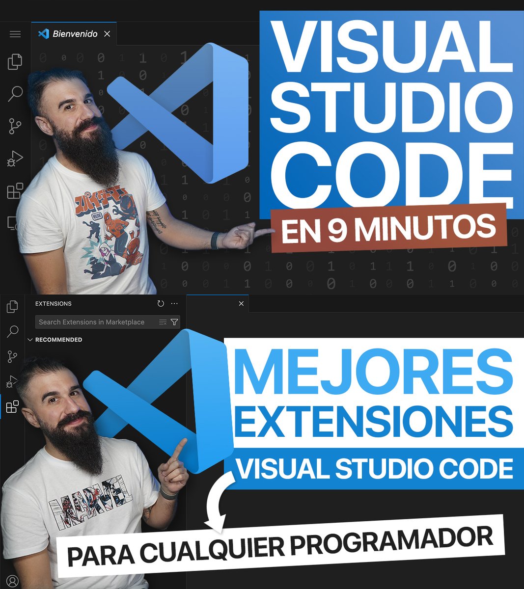 MoureDev's tweet photo. Si estás interesado en VSCode, en menos de 20 min tienes estos 2 vídeos en mi canal para aprender a dar tus primeros pasos y descubrir 15 extensiones que te ayuden en tu día a día.

▶️ https://t.co/npdkPBEqB9
▶️ https://t.co/y2Hm2flY9w https://t.co/d9GtJRemWE