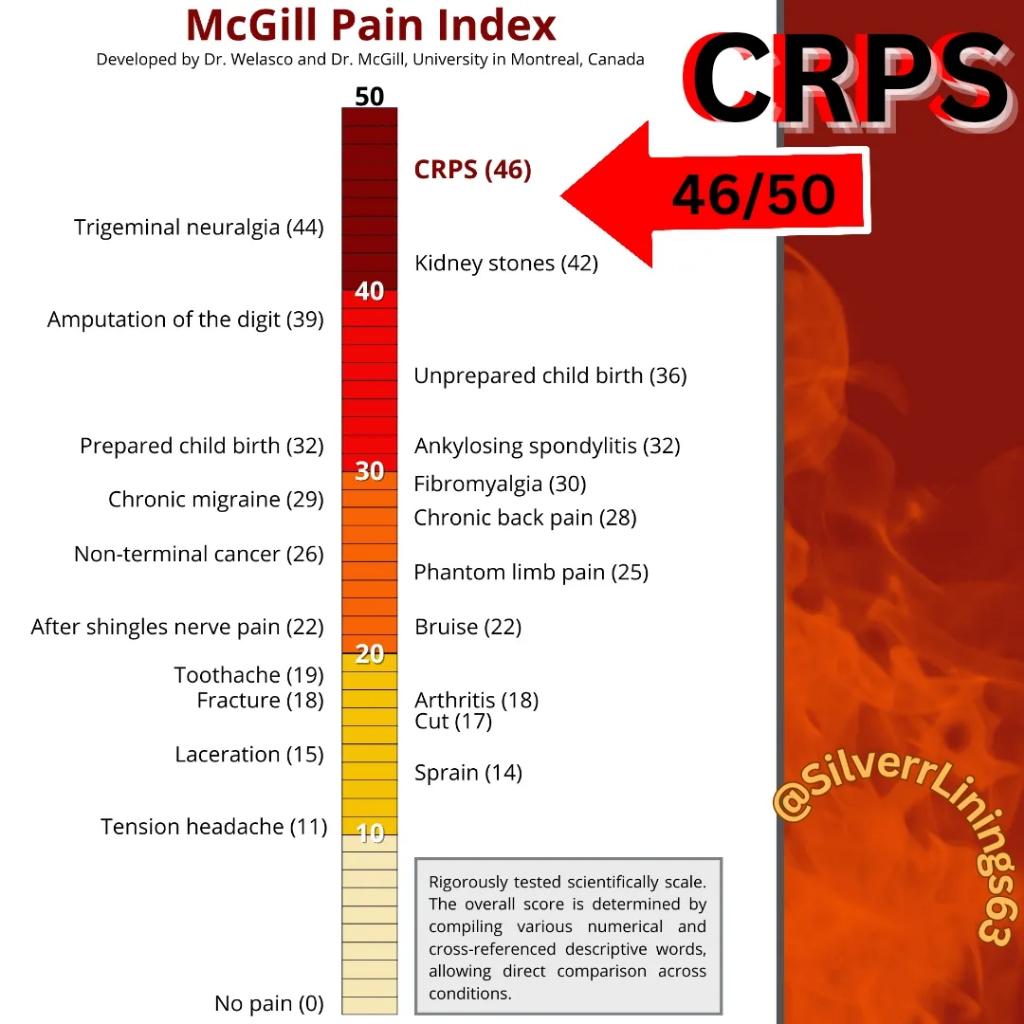 Created this graphic to illustrate the high impact pain that people with CRPS suffer from on a daily basis. Awareness is key. CRPS can land anywhere between 42 and 47. 

#NERVEmber #CRPS #ComplexRegionalPainSyndrome #ChronicPain #McGill #CRPSawareness #ChronicPainAwareness