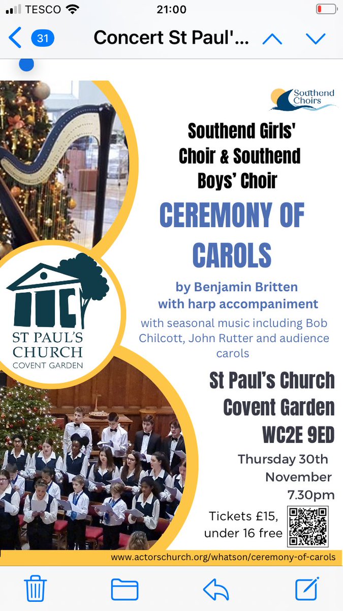 Start your Christmas early on Thursday 30 November with Southend Choirs performing Britten’s Ceremony of Carols <a href="/actorschurch/">The Actors’ Church</a> (St Paul’s Church, Covent Garden.  Thrilled to be working with <a href="/jeankellyharp/">Jean Kelly</a>