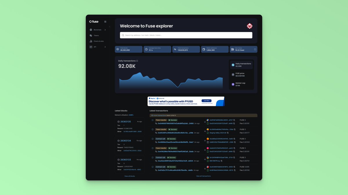 imsquid2a9's tweet image. 🔍 Dive into the blockchain universe with Fuse Explorer - your gateway to seamless exploration across the Fuse Network and beyond! 🚀 

Let&apos;s take a closer look at what makes this explorer a game-changer! 

🌐 explorer.fuse.io

 #FuseExplorer