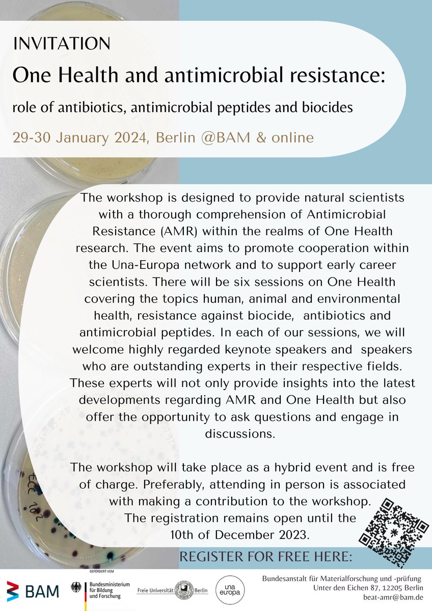 BiocideResist's tweet photo. Some exciting news: we organized a workshop on - One Health and antimicrobial resistance-role of antibiotics, antimicrobial peptides, and biocides. The workshop took place on January 29-30, 2024, in Berlin at #BAM. Any questions? contact: beat-amr@bam.de #amr https://t.co/285myeWZt9
