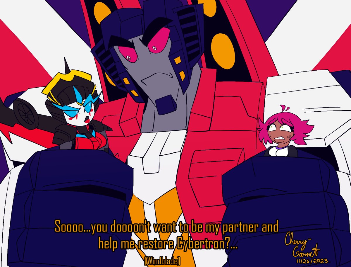CherryGarnet20's tweet photo. I was trying my best to mimic the Wander Over Yonder style. #Transformers #Starscream #Windblade #Parroa #TFOC #Maccadam https://t.co/G20ALng62p