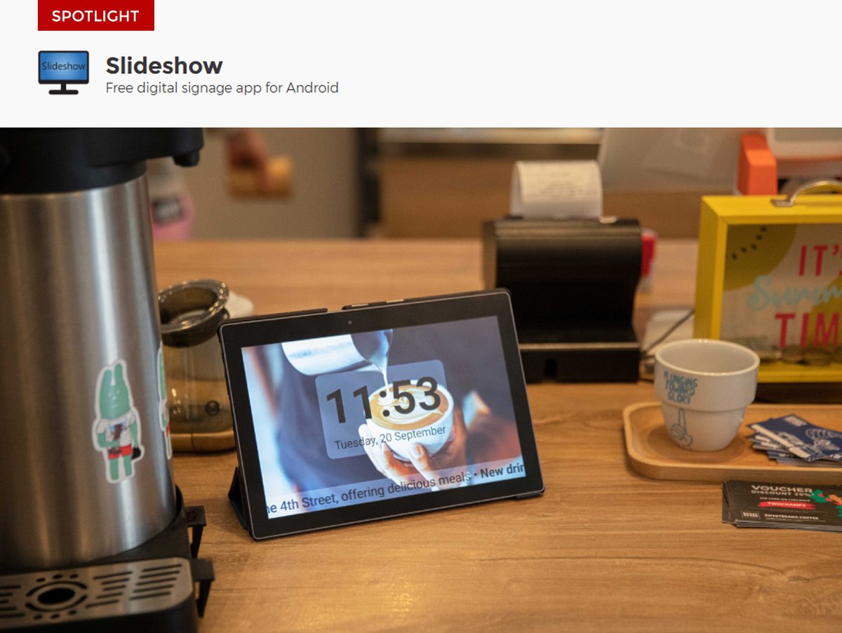This week on our Spotlight: 

Slideshow, a free Android Digital Signage app, effortlessly transforms your Android device into simple digital signage. 
Designed for individual or small groups of displays with USB playback, Slideshow stands out with support for various file formats