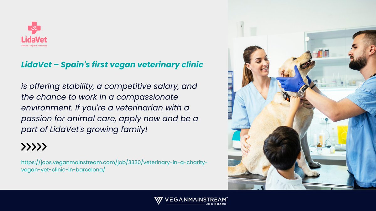 Join LidaVet in Barcelona! Spain's first vegan vet clinic is seeking a vet with a passion for image diagnosis and lab work. If you have experience in exotic animal medicine and a heart for furry friends, LidaVed would love to hear from you.

jobs.veganmainstream.com/job/3330/veter…