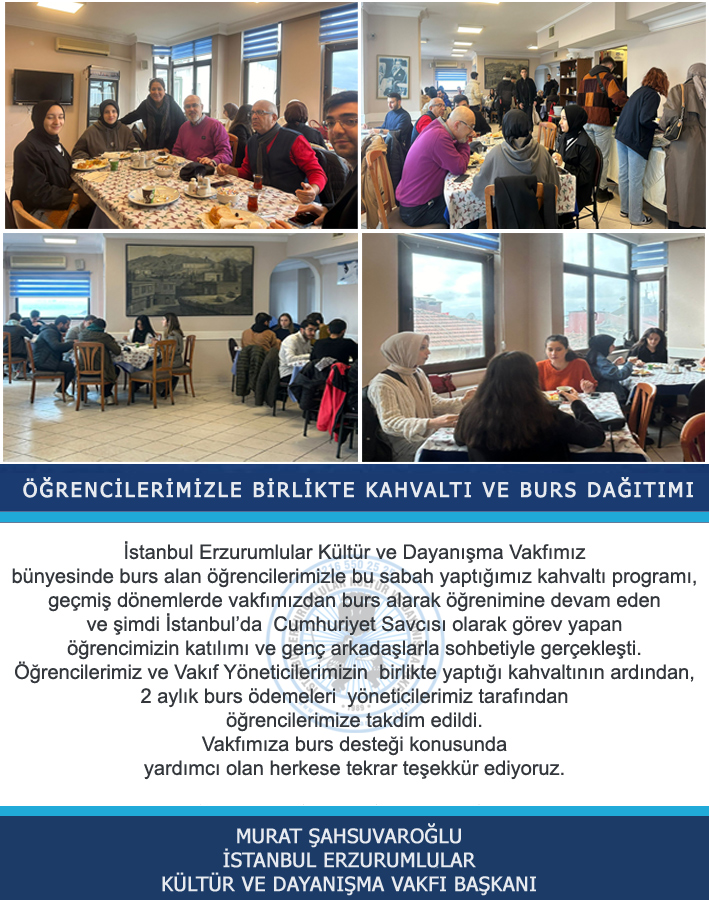 isterzvakfi's tweet photo. İstanbul Erzurumlular Kültür ve Dayanışma Vakfımız bünyesinde burs alan öğrencilerimizle bu sabah yaptığımız kahvaltı programı, geçmiş dönemlerde vakfımızdan burs alarak ... @msahsuvarogluu
@naketeci
@huseyinunes
@BilginAkn
@CelilPOLAT
@ozkayahuseyin25
@AtalarRuchan https://t.co/tfU561LLQM