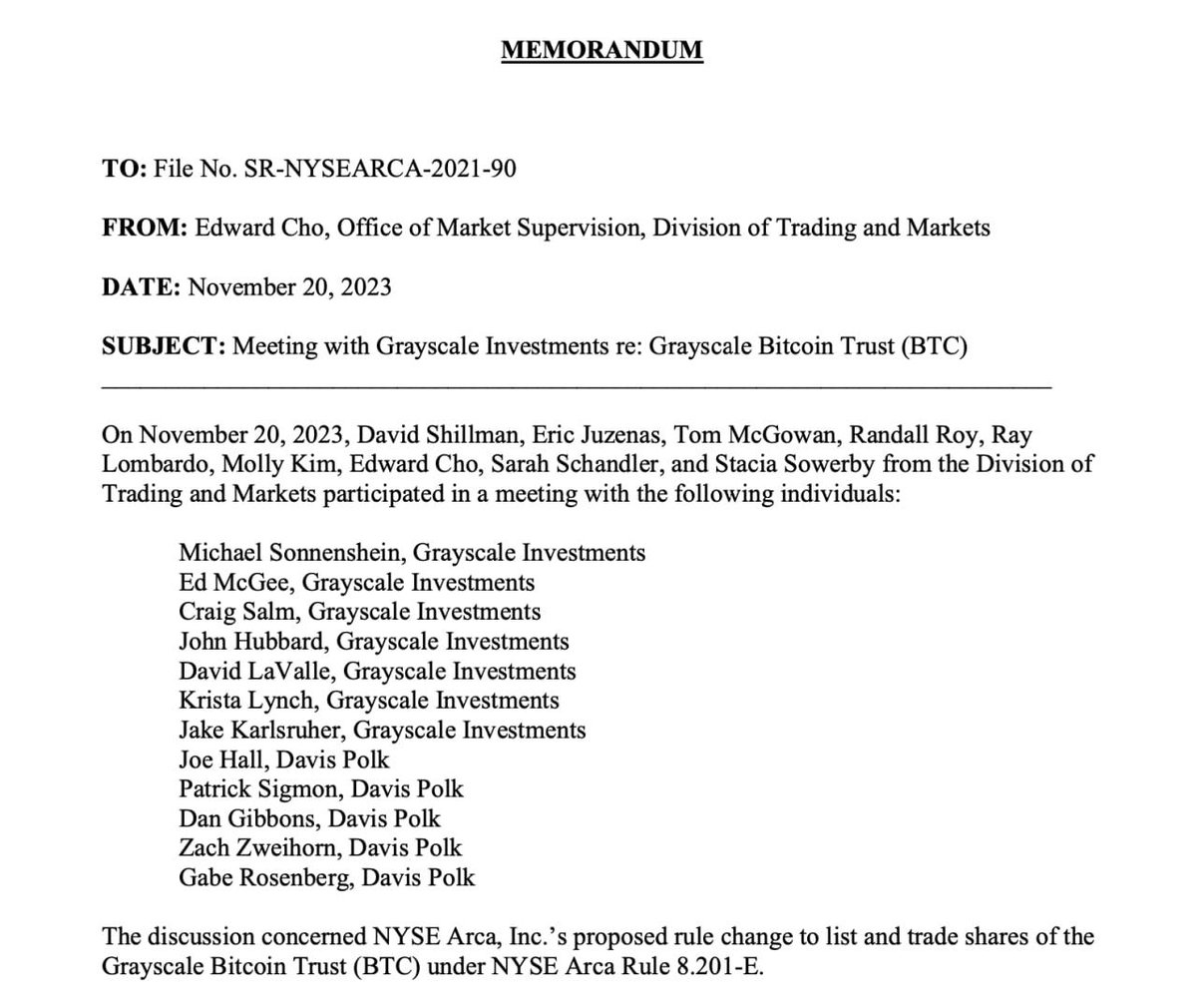 ImNotTheWolf's tweet photo. The SEC has published memorandums formally confirming negotiations with BlackRock and Grayscale on issues related to the listing of spot BTC-ETFs.

This is the most engaged SEC has ever been with BTC ETF submissions.

What if they approved it next week? https://t.co/VtJkz0wzfN