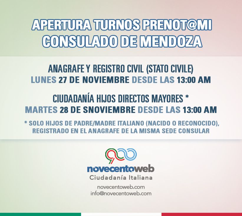 novecentoweb's tweet photo. APERTURA DE TURNOS CONSULADO DE ITALIA MENDOZA
27/11/23 #anagrafe y #statocivile
28/11/23 #ciudadaniaitaliana hijos directos mayores con madre/padre italiano (nacido/reconocido) inscripto en misma sede
Desde 13 hs por #prenotami
Los turnos son gratuitos
#fastit #novecentoweb https://t.co/tsOLpc4Aet
