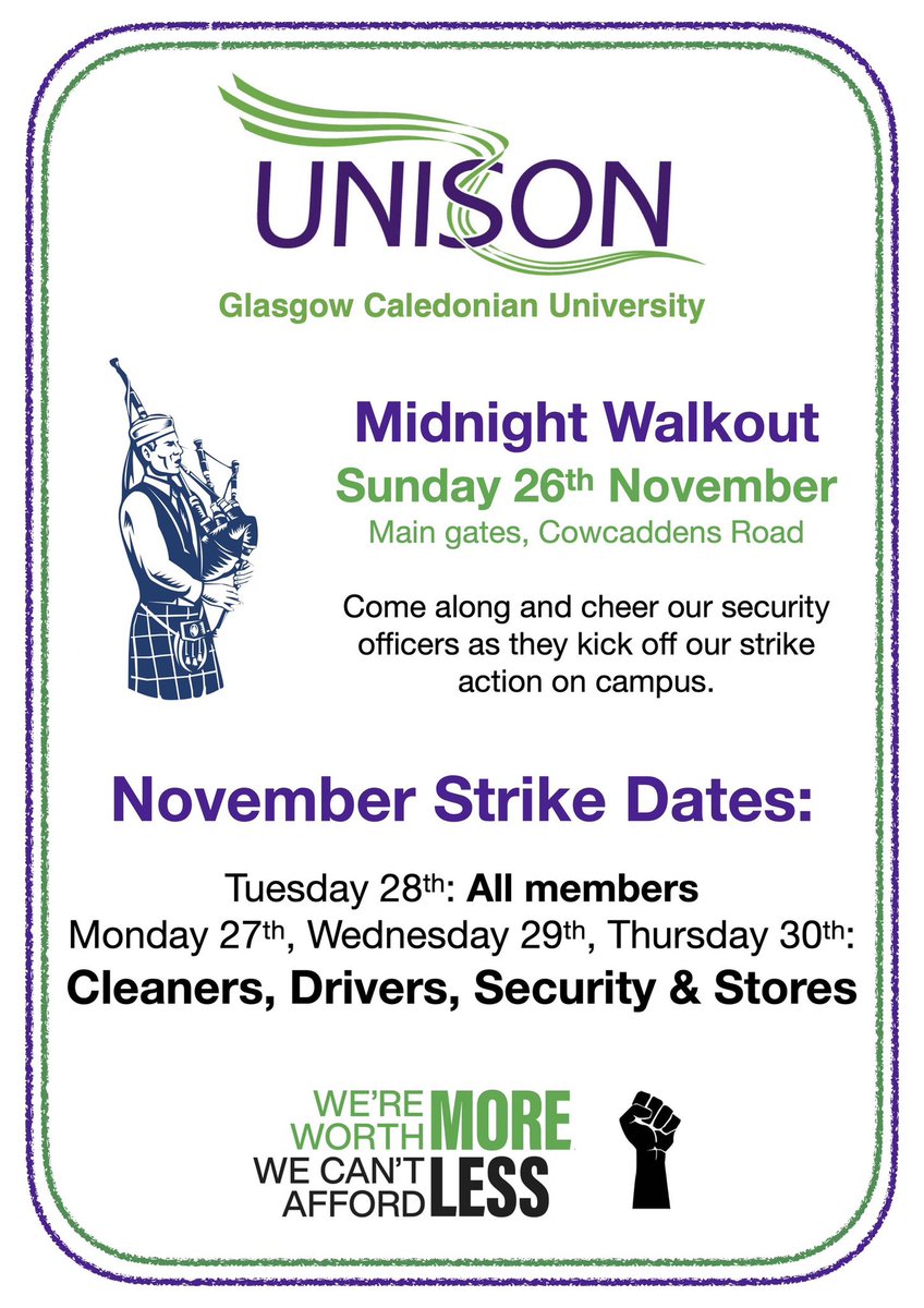Tonight <a href="/Unisonatgcu/">GCU UNISON</a> will start a week of strike action, at midnight, security officers will walk off shift in our ongoing fight for decent wages for all staff working at Glasgow Caledonian Uni  <a href="/CaledonianNews/">Glasgow Caledonian University</a> <a href="/unisonscot/">UNISON Scotland</a> <a href="/unisontheunion/">UNISON - UK's largest union</a> come and join us &amp; make some noise