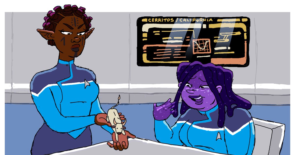 Ensign Abubakar and Ensign Arobi are science officers—specializing in radiobiology and evolutionary biology, respectively.

#originalcharacter #StarTrek #ImageDescription in #AltText