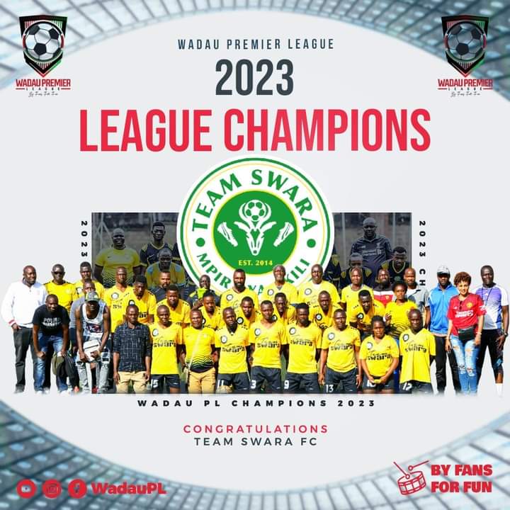 TeamSwaraFC's tweet photo. YES! And we are Champions again. Wadau PL Back to Back Champions.

To our players, Technical Bench, fans and friends of Team Swara, we are saying, ASANTENI sana!

We do it again next season.

@WadauPL
#ByFansForFun
#FamiliaFlani
#MpiraYaAkili https://t.co/QW8bs0Dfwf