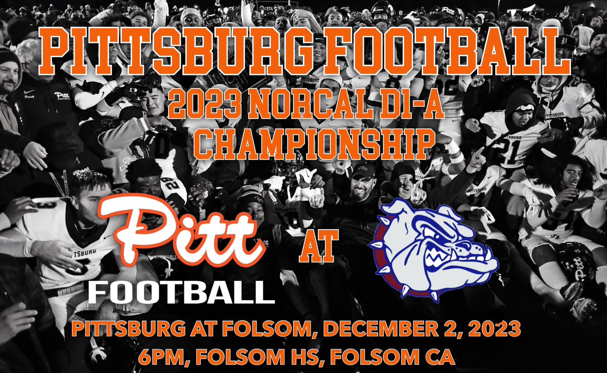 PittHSFootball's tweet photo. The stage is set! Load the Pirate ship Pittsburg as we set sail for Folsom HS to take on the Bulldogs for the NorCal D1-A Championship. Game is set for December 2nd, with a 6pm Kickoff time! #HoistTheColors🏴‍☠️  #BVALchamps #NCSchamps #RoadToState #ramPITTup 🏴‍☠️🏈🅿️🌎🏈🏴‍☠️ https://t.co/goSryarm1b