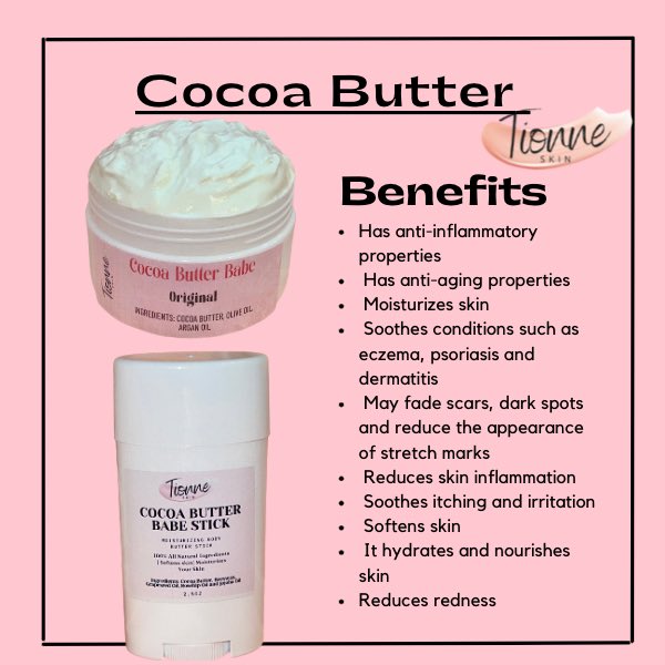 Cocoa Butter Babe is a whipped moisturizing body butter that has a delicious chocolate scent

Helps to heal dry, cracked skin,
Helps with eczema, psoriasis and dermatitis
Provides long lasting moisture 
Fades dark spots, scars &amp; stretch marks

Use code “HOLIDAYS” to save 20% off