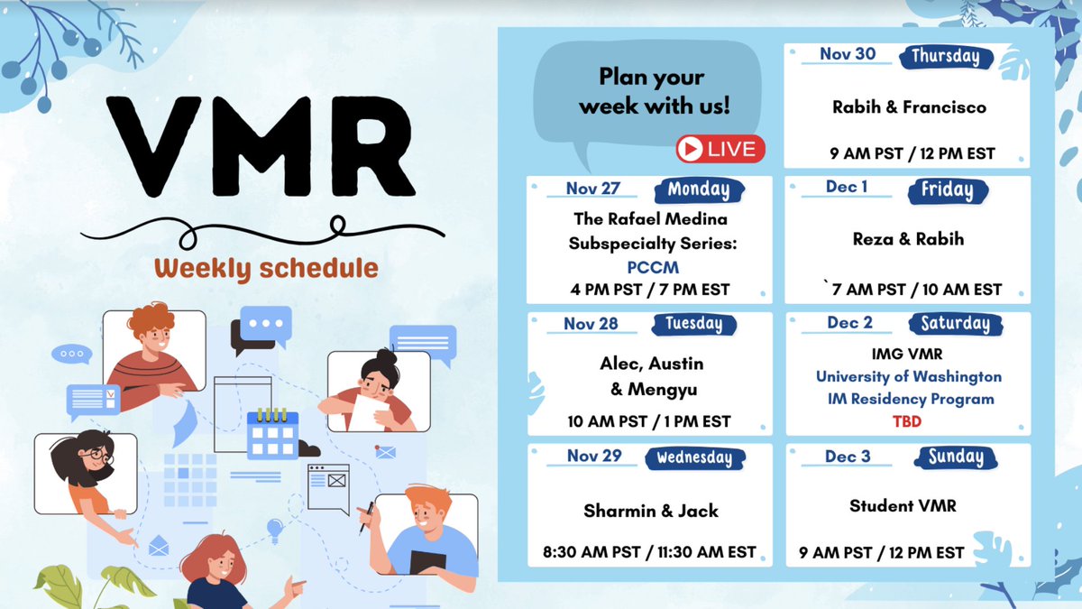 Plan your week with us #MedTwitter! Check out this week's Virtual Morning Report line-up⬇️ We hope to see you there📷 Join us for live events here: bit.ly/31LWIKg