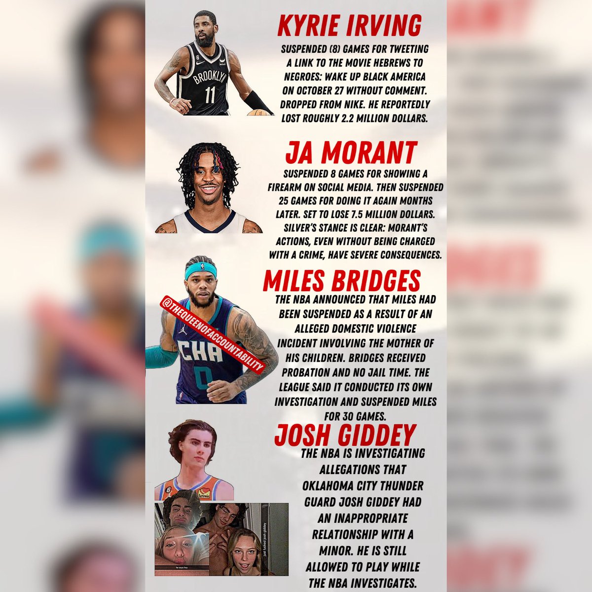 celebriD's tweet photo. I find it odd how anytime a black athlete has an allegation, they suspend them. Miles Bridges was suspended during the allegations of domestic violence. The NBA even did an EXTRA investigation and suspended him more games. Josh allegedly had sex with a child. The NBA doesn’t think it’s bad enough to suspend him. Why? How come it’s not breaking news all over the sports world. I don’t care if he isn’t a “popular player”. He is employed by the NBA. He should be suspended until they get the facts. Rape is serious. Suspend his ass until further notice. This shows you that the energy is never the same when the player is Caucasian. Don’t worry, I will talk about this until the truth is out. 

#nba #joshgiddey #okc