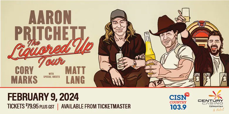7⃣5⃣ days until @CISNCountry💋welcomes @AaronPritchett Liquored Up Tour @CenturyCasEDM February 9 2024. Special guests @corymarksmusic and @MatthsLang. Buy tickets cnty.com Win🆓Tickets ⤵️⤵️⤵️ ✅➡️➡️➡️ cisnfm.com/contest/16027/…