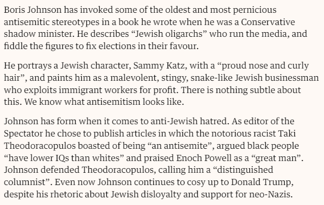 docrussjackson's tweet photo. Boris Johnson's new carer took him to the march against antisemitism, despite his novel referring to “Jewish oligarchs” who run the media, &amp; as editor of the Spectator publishing articles by proud antisemite Taki Theodoracopulos. Still, he's not left-wing so it's absolutely fine. https://t.co/LkUQeFyUpW