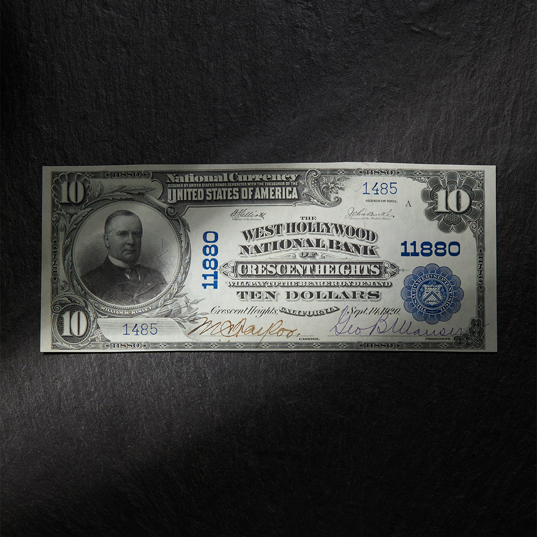 Doyle Auctions is proud to announce the offering of the only known National bank note from the town of Crescent Hills, CA. The note has serial number 1485 and is boldly signed by President Geo B. Mauser. The President's daughter securely stored away the memo for over 100 years.