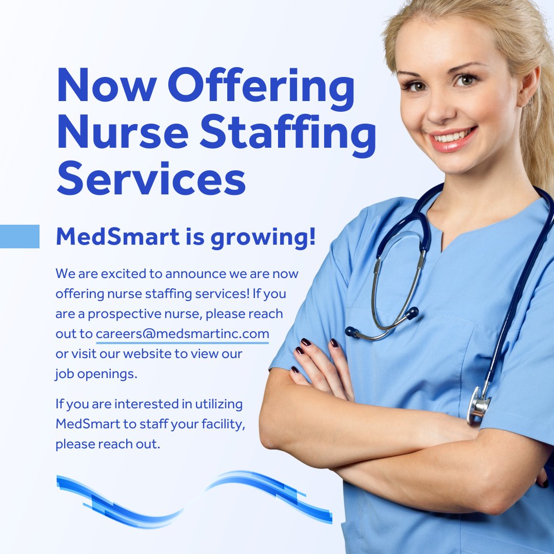 Nurses, your next chapter awaits!

MedSmart is thrilled to announce our latest expansion: Nurse Staffing Services! Reach out to us at careers@medsmartinc.com or visit our website to explore our job openings. 💼

#nursestudents #nurselifern #nursinglife #nursingstudents