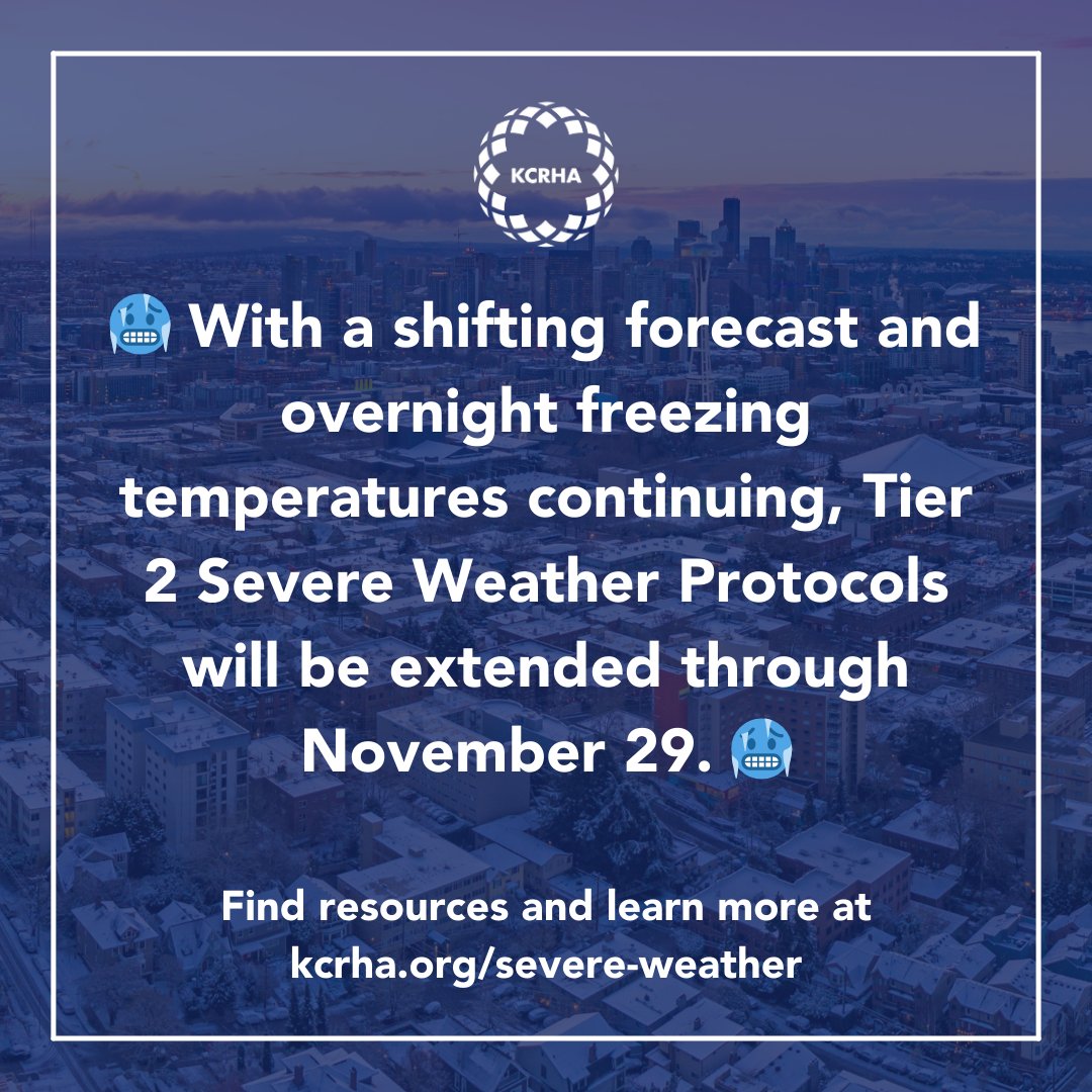 The forecast has shifted, with several more days of overnight freezing temperatures. We are extending the activation of our Tier 2 Severe Weather Protocols through Wednesday, November 29. Find resources and learn more on our Severe Weather Page: kcrha.org/resources/seve…