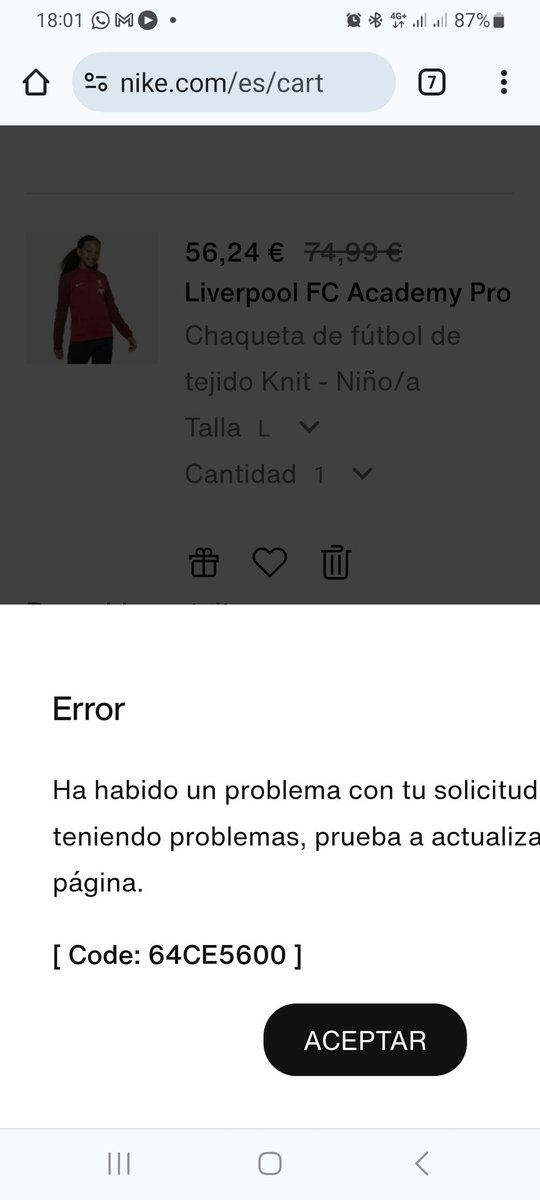 Hola <a href="/Nike/">Nike</a> la página web da error al entrar en la cesta de la compra. Es bastante frustrante, desde esta mañana sale el mismo error