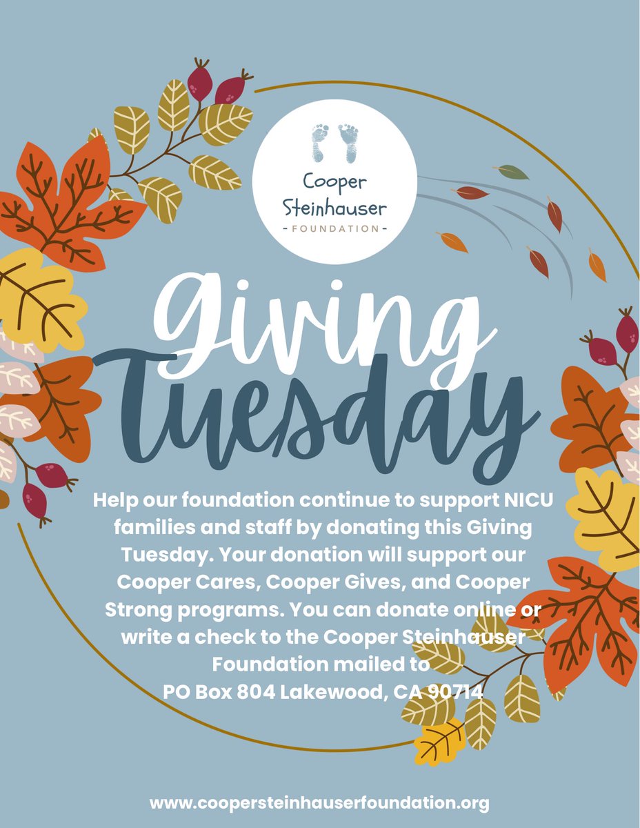 Help our foundation continue to support NICU families and staff by donating this #GivingTuesday. Your donation will support our Cooper Cares, Cooper Gives, and Cooper Strong programs.
#nicubaby #nicusocialworker #nicunurse #nicusupport #nicumom #nicudad

CooperSteinhauserFoundation.org/donate