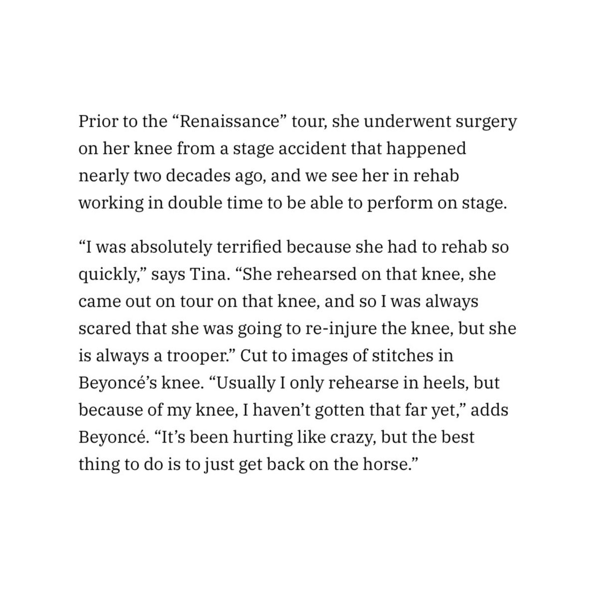 beyoncegarden's tweet photo. beyoncé getting knee surgery for something that happened 20 years ago, doing rehab, rehearsing, &amp; still performing with that pain is truly remarkable. this woman is a juggernaut. https://t.co/GJlQgFBW4e
