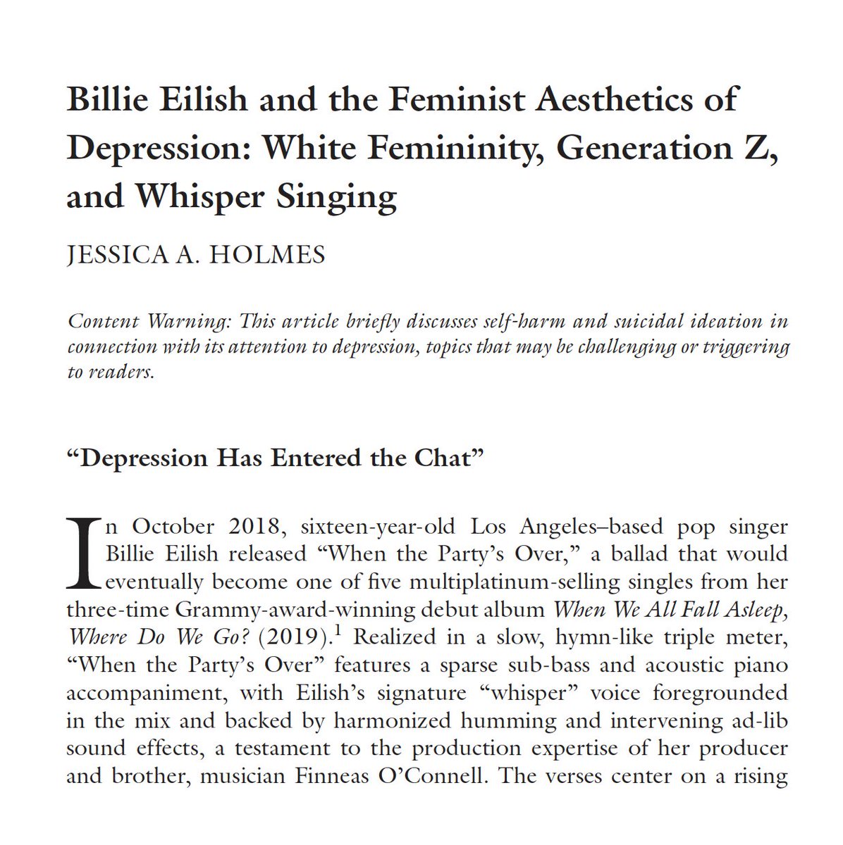 hessicajolmes's tweet photo. I'm looking forward to seeing my 45-page article on Billie Eilish and the feminist aesthetics of depression in the Autumn 2023 issue of the *Journal of the American Musicological Society* very soon! Abstract below. https://t.co/OsCI2jkQ2q