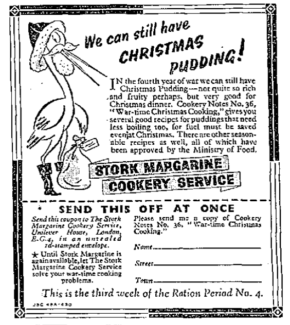 MickHayes1's tweet photo. So Christmas ads appearing in November is not a new thing. This #Stork cookery service #SWWad is from 5/11/42. The service ran while margarine was pooled (all brands pooled into one ) from 1940 to 1954 and helped members to make the most of the available food #history https://t.co/ASB7rHo0L9